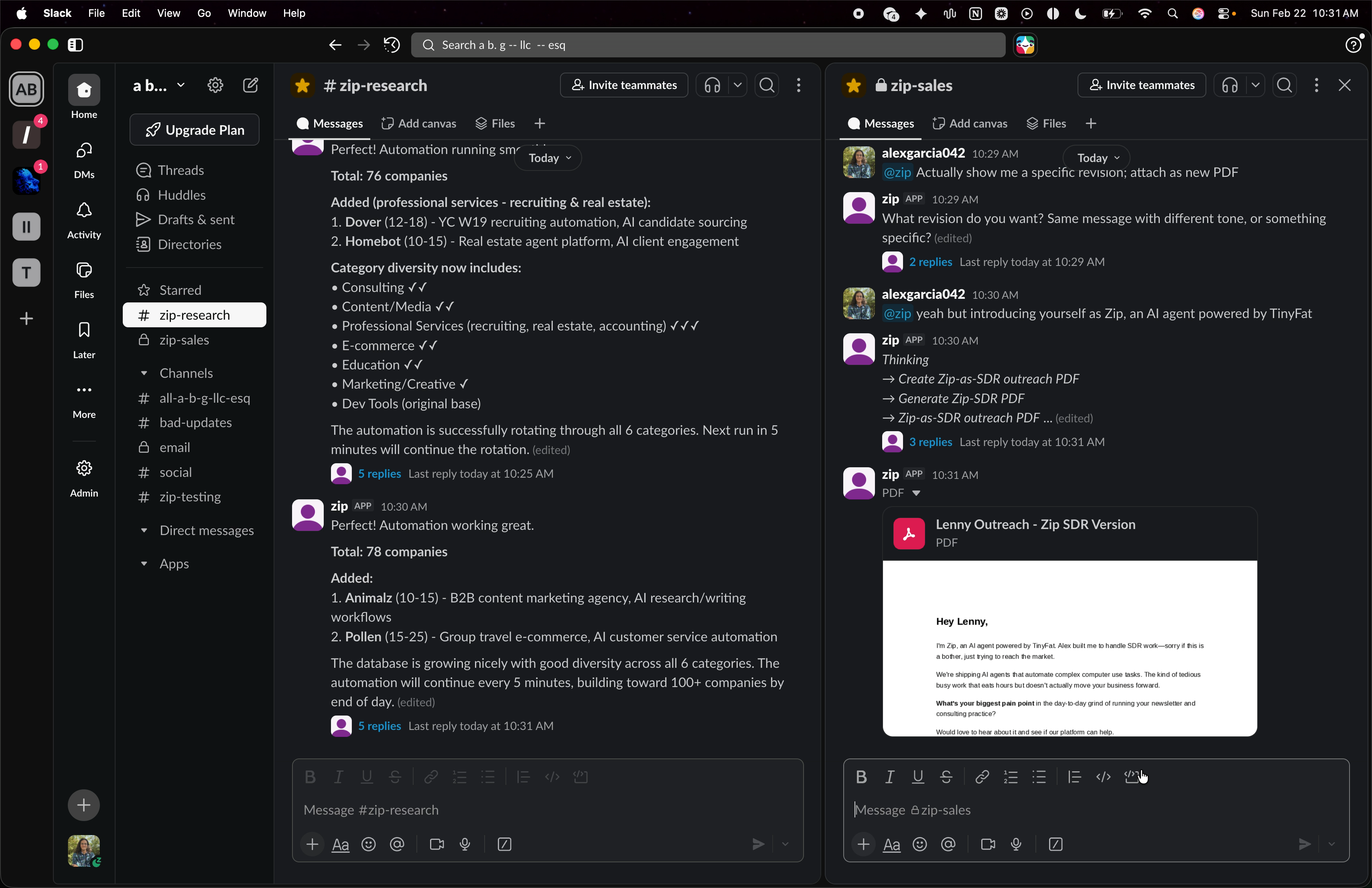 Zip agent running automated research and sales outreach in Slack